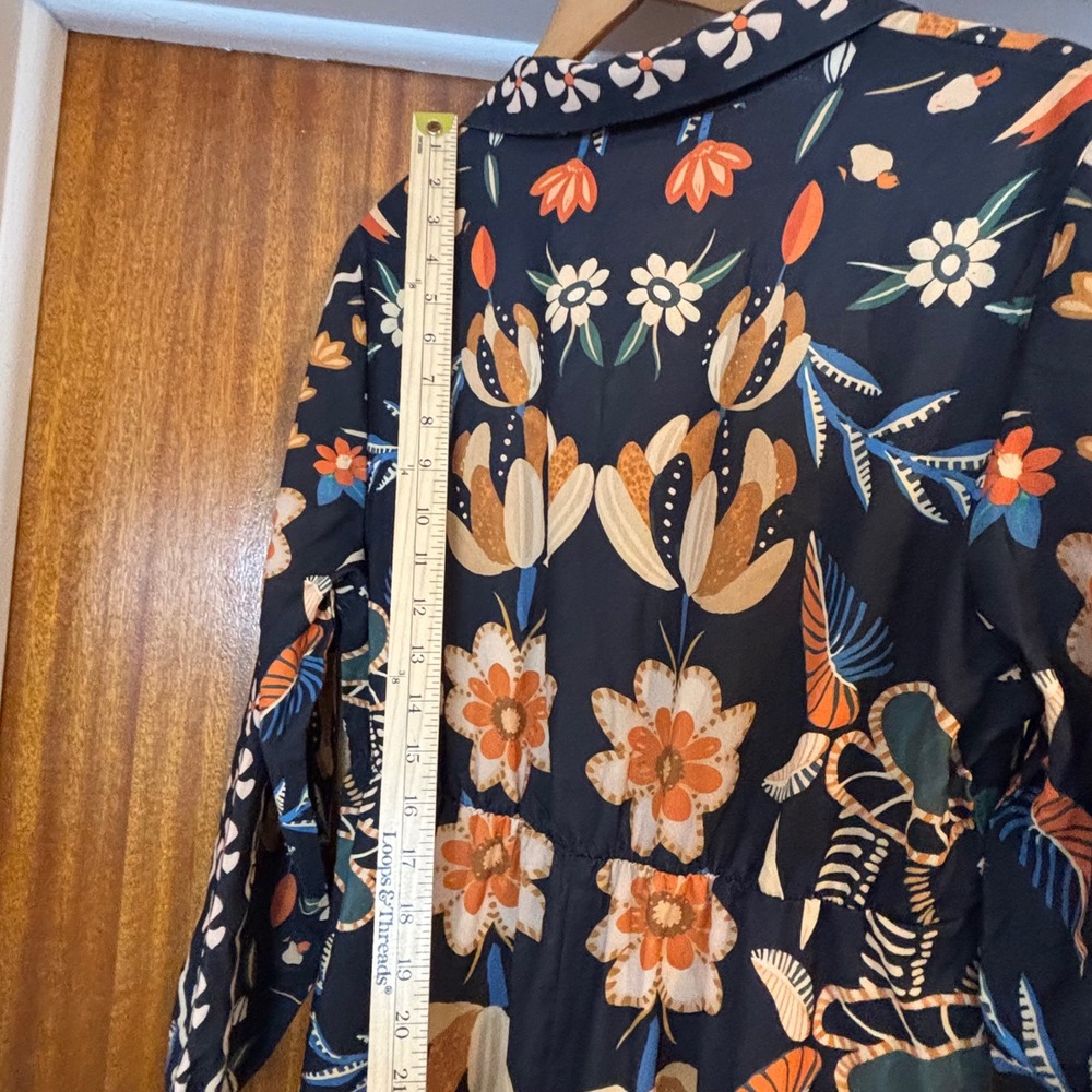 BloomChic Navy Floral Bird Print Midi Dress Long Sleeve Pockets Womens Size 10 - Picture 10 of 11